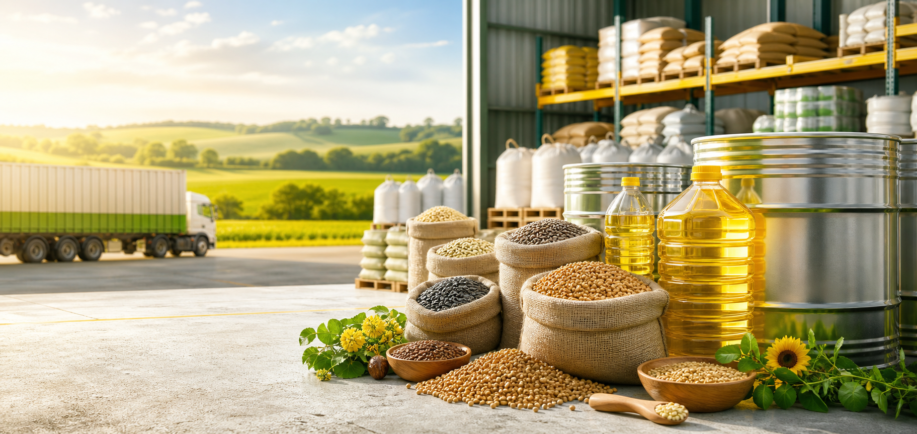 Bulk agro commodities and edible oil ready for distribution
